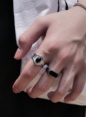 SAZ 银色不规则凹面椭圆黑玛瑙锆D石戒指男女潮流复古暗黑个性指