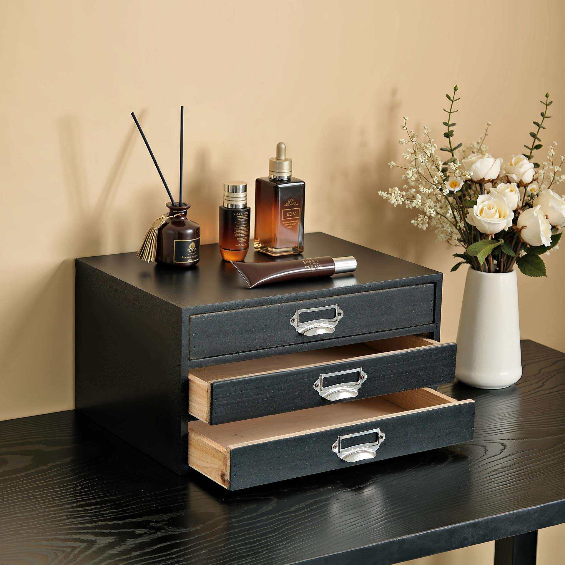 欧式复古实木抽屉式首饰储物店铺装饰柜多功能办公室A4桌面收纳盒