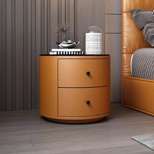 轻奢意式床头柜简约现代实木抽屉大容量卧室圆形皮艺储藏柜子整装