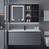 熠达实木免漆多层板带侧边置物格卫生间台盆柜浴室柜陶瓷一体盆