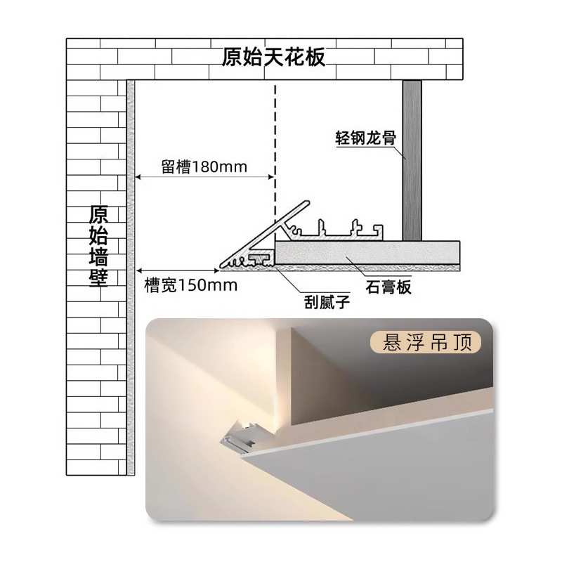 线形灯 斜面灯槽45度铝型材回字悬浮吊灯led薄如蝉翼氛围洗墙灯带