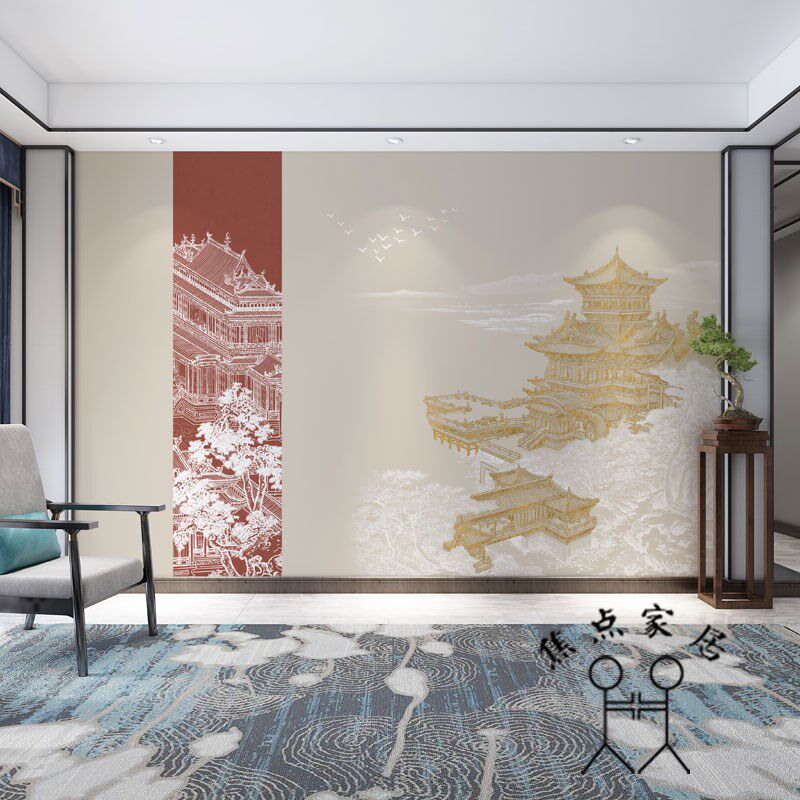 现代中式徽派建筑阁楼p沙发背景墙壁纸古风茶室餐厅火锅店墙纸壁