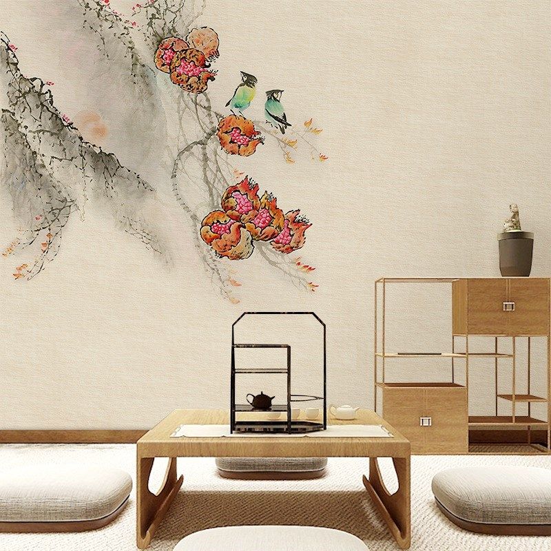 中式水墨意境石榴花鸟卧室背景墙纸壁布书房酒店古典环保定制壁画,家装主材,定制壁画,淘宝优惠券,粉丝福利购,淘宝优惠卷