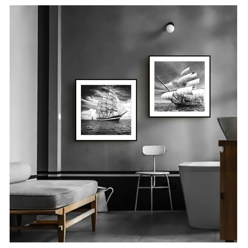 黑白装饰画工业风办公室挂画现代简约客厅背景墙壁画卧室床头帆船图片