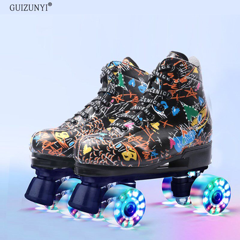 涂鸦轮滑鞋男女四轮双排溜冰鞋两排夜光旱冰鞋儿童滑冰场.pu闪光
