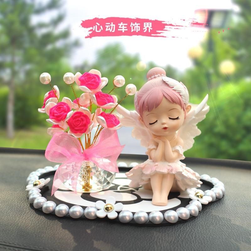 汽车摆件b芭蕾女孩防滑垫车载摆件水晶玫瑰花网红可爱汽车内饰装