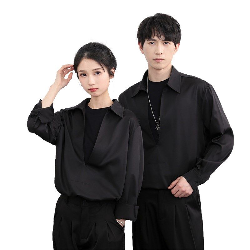 酒吧发型师理发店廊时尚商务美发师秋冬长袖衬衫工作服男定制logo