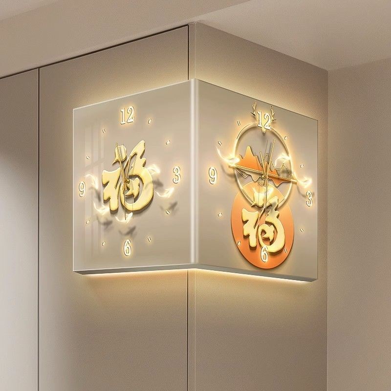 福字客厅转角双面钟表o创意时钟壁灯挂墙面网红九鱼图静音拐角挂