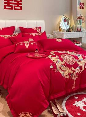 高档中式龙件凤刺绣婚尚婚庆四套结大红色床单被套陪嫁PZ28床上用