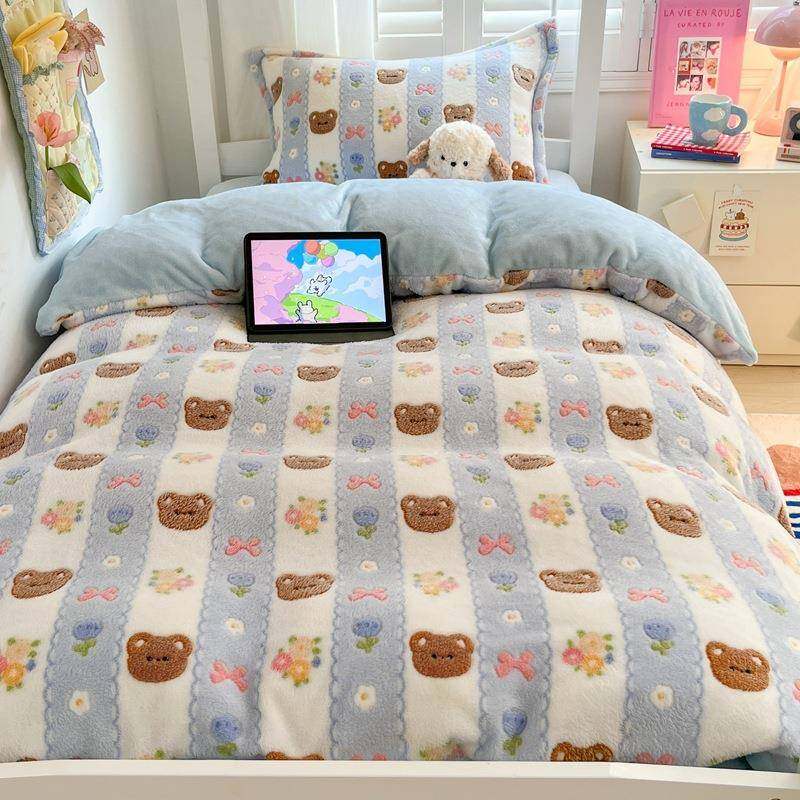 雪花绒卡舍三件套学生单通可爱冬季加绒被套床宿单珊瑚CY雪花绒绒