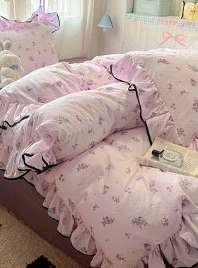 小清新云QNV感针织棉大件花边套超软四件床笠款被单套床学生宿舍