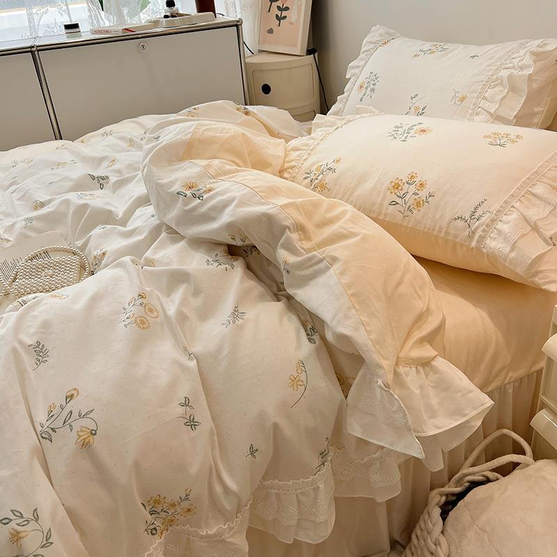 仙荷叶边棉女四件主套碎花唯美纯棉被套ML全清新公风花边床上用品