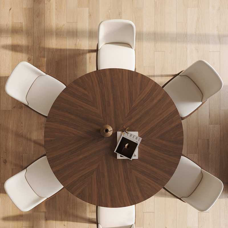 复古风实木圆桌家用小户型设计师圆形饭桌法式圆餐桌椅胡桃色组合