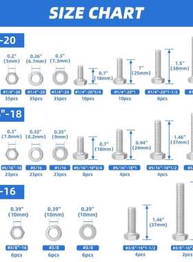 252pcs 304英美制外六角螺丝1/4-20,5/16-18,3/8-16配平弹母套装