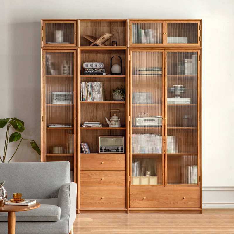 现代简约全实木书柜日式家用樱桃木落地书架新中式带玻璃门展示柜