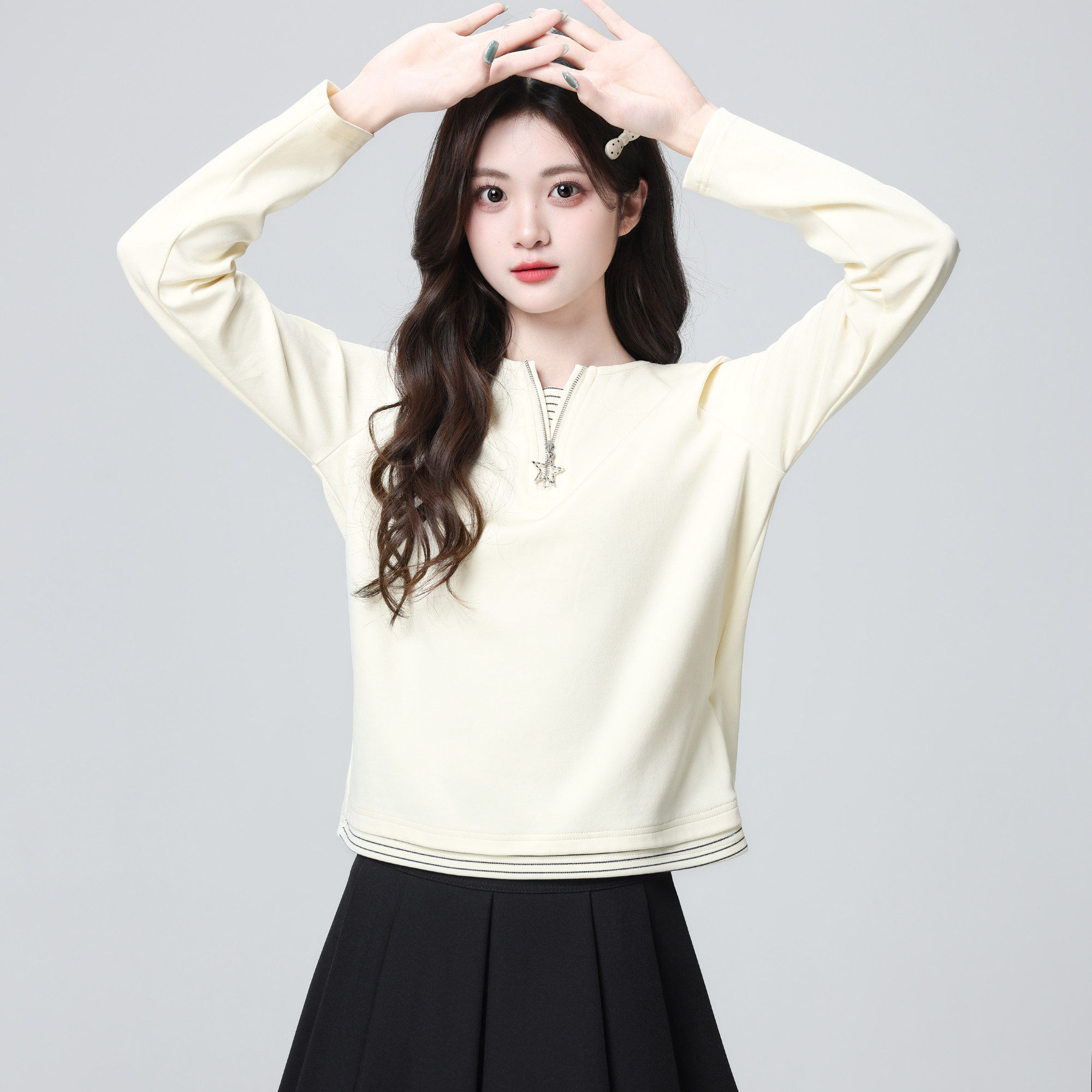 杏色假两件长袖T恤女春秋2026春新款条纹拼接小个子宽松短款上衣