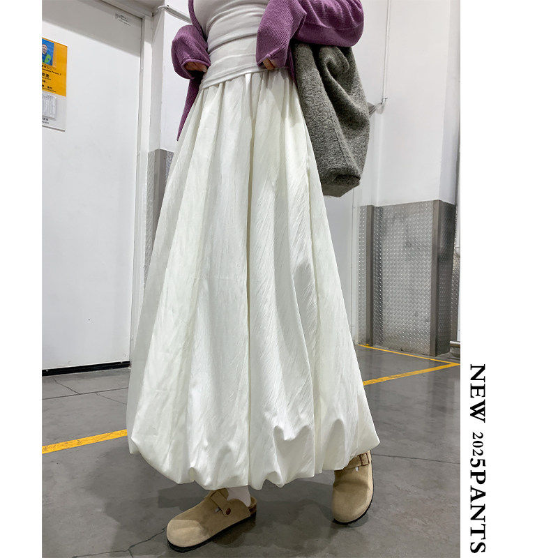 白色花苞裙半身裙女2026春夏新款法式高腰灯笼蓬蓬a字垂感中长裙