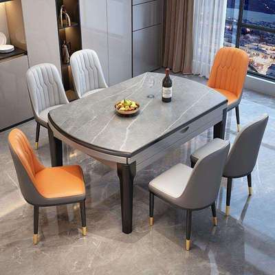 岩板餐桌餐椅组合小户型简约现代家用实木吃饭桌子圆桌可伸缩折叠