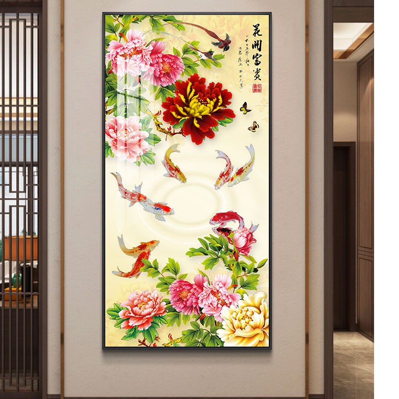 客厅入户门玄关装饰画走廊过道竖版大气挂画花开富贵牡丹晶瓷镶钻图片
