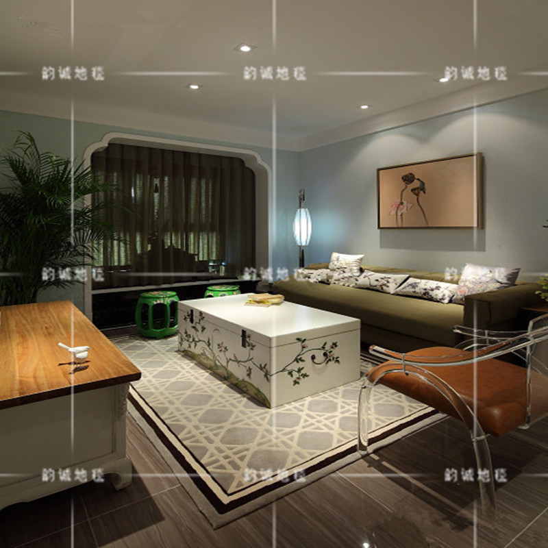 新中式客厅茶几地毯现代卧室床边毯可定制满铺手工晴纶地毯