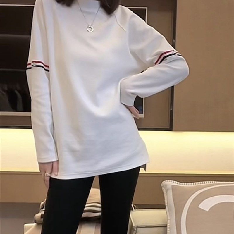 欧货拼色织带中长款T恤女2024早春新H款宽松百搭显瘦下摆开叉体恤