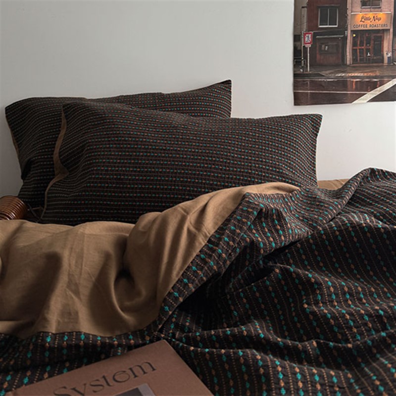 HJ美式高级感全棉小提花全棉床单四件套色织床上用品2025新款