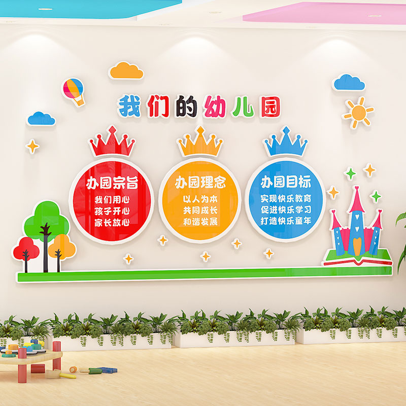幼儿园办园理念文化墙托管班环创主题墙面装饰画大厅形象墙高级感