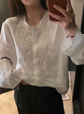 NAZ那子大码 100%苎麻绣花显瘦重工小衫胖mm设计感白色春季衬衫女