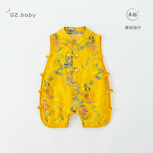 婴儿琵琶服夏装j薄款透气连体衣男宝宝无袖中式国风哈衣新生儿爬