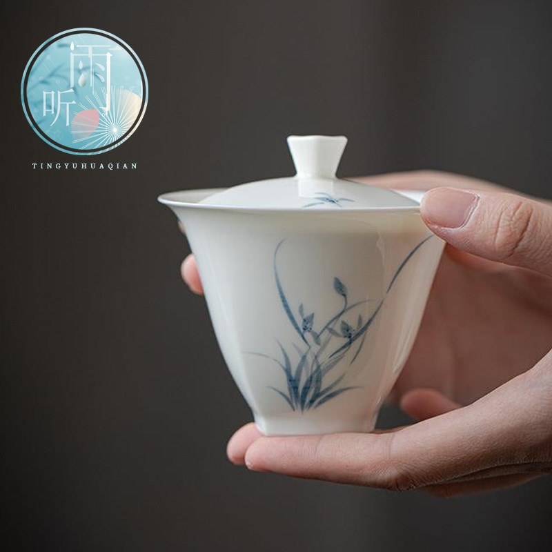 玉瓷手绘盖碗茶具 q青花薄胎盖泡茶碗 有方陶瓷盖功夫茶具