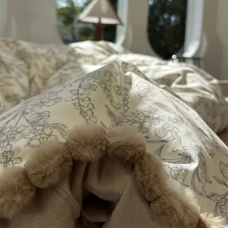 美式田园黑铃兰花棉加绒四件套A面全棉B面宝宝绒被套床单1.5m