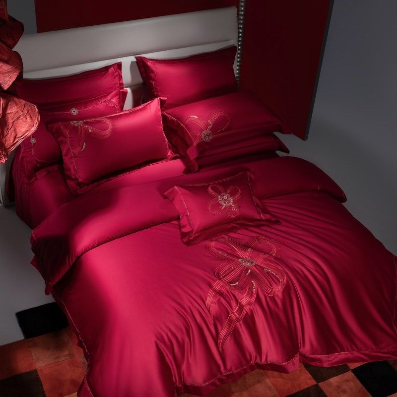 高定140支长绒棉结婚四件套大红色刺绣被套婚庆喜被婚嫁床上用品4,床上用品,婚庆床品套件,淘宝优惠券,粉丝福利购,淘宝优惠卷