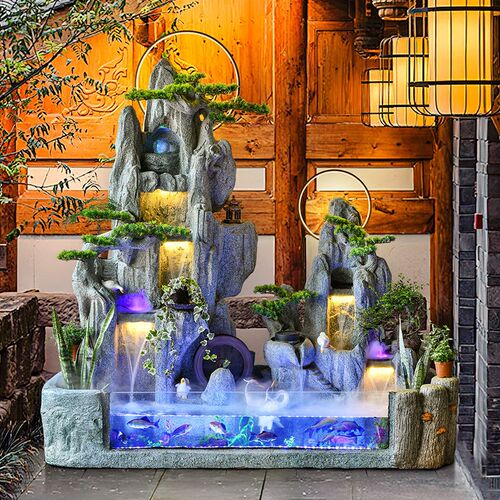 中式庭院鱼池景观别墅p阳台庭院花园造景布置酒店大堂流水喷泉摆