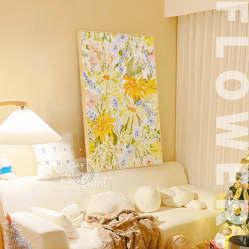 奶油风客厅装饰画现代简约沙发背C景墙挂画原木风玄关竖版花卉壁