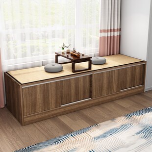 实木阳台储物柜防晒飘窗柜地柜矮柜推拉门柜子Q可坐收纳置物柜定