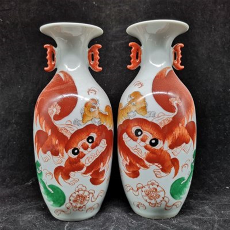 大清光绪年制手绘太狮少保双耳小花瓶一对古瓷Q家居玄关装饰品摆