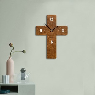 十字木架挂e钟表中号家居时钟实用板材家用挂件挂表现代合成板钟
