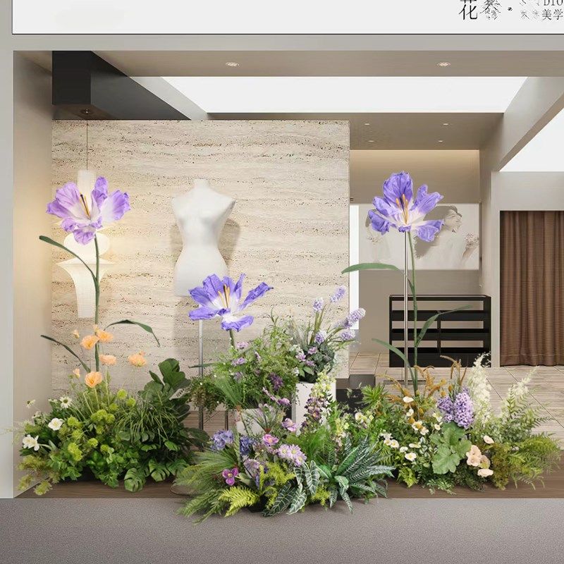 高级橱窗植物装饰大型纸花藤蔓草丛花艺拍照展区迎宾假绿植软装