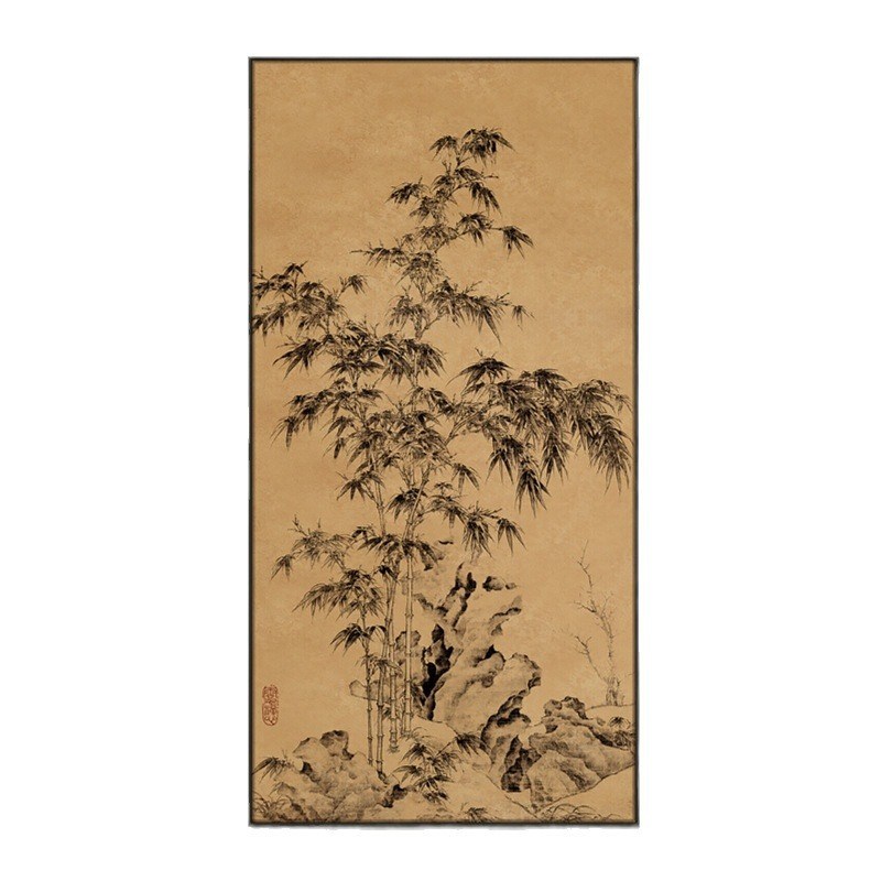 新中式样板房入户玄关竖款大幅松树装饰画民宿走廊过道背景墙挂画图片
