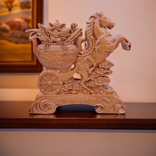 桃木马拉车元宝聚宝盆木马摆件生肖马实木雕刻木质木雕马双面工艺