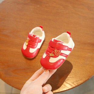2025蛇年一岁宝宝学步鞋软底春秋款6到12个月婴儿棉鞋红色拜年鞋