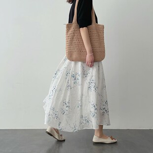 苎麻半身裙女夏季 水墨碎花文艺日系松紧高腰中长a字伞裙 2025新款