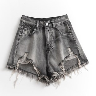 宽松直筒高腰显瘦阔腿裤 L745水洗毛边破洞牛仔短裤 热裤 夏季 子 女装