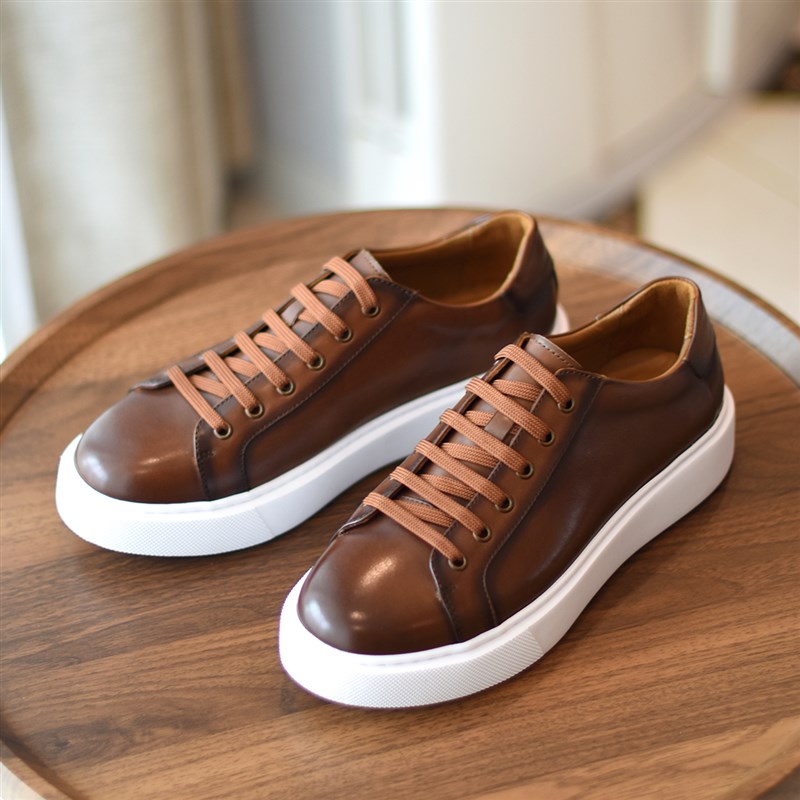 /靓仔出街/英伦复古手工擦色做旧真皮休闲运动鞋潮厚底板鞋男棕色