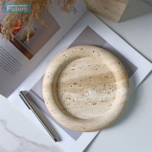 复古侘寂风天然米白洞石大理石圆形托盘客厅装饰盘室内装饰品摆件