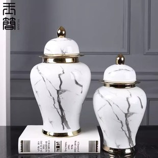 中式 饰 轻奢仿大理石纹将军罐陶瓷花瓶售楼部样板间酒店落地软装