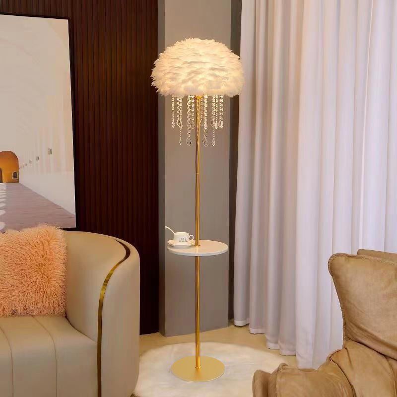 羽毛落地灯水晶置物架茶几客厅卧室床头沙发旁轻奢北欧奶油风立式