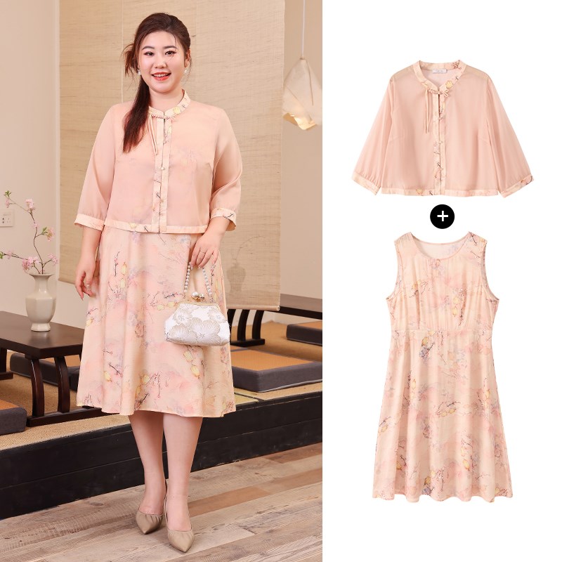 加大码春季雪纺套装裙子胖妈妈时尚印花洋气减龄加肥连衣裙两件套