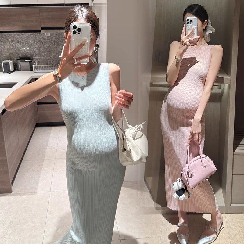 修身针织背心孕妇装连衣裙女夏季法式气质无袖修身开叉包臀长裙子图片