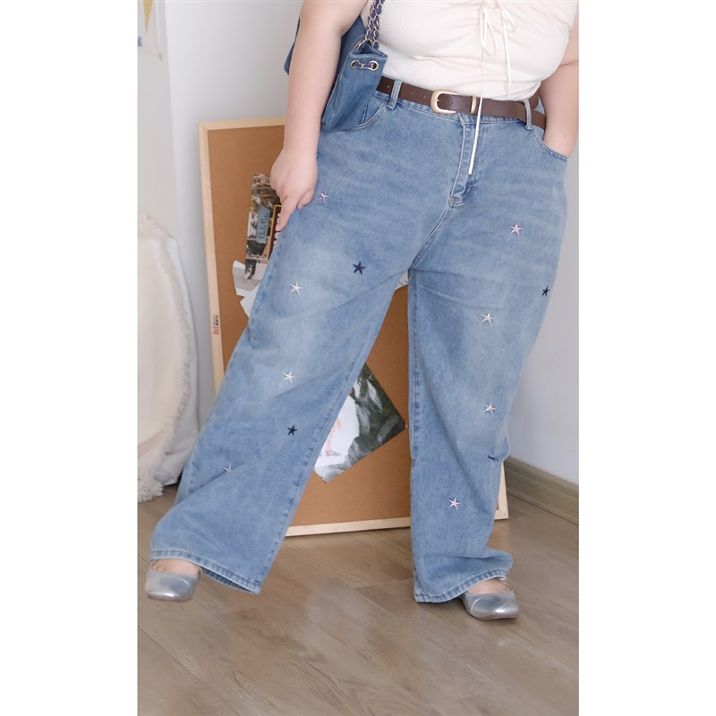 07/15晚八点 刺绣高腰显瘦直筒牛仔裤女宽松阔腿牛仔长裤